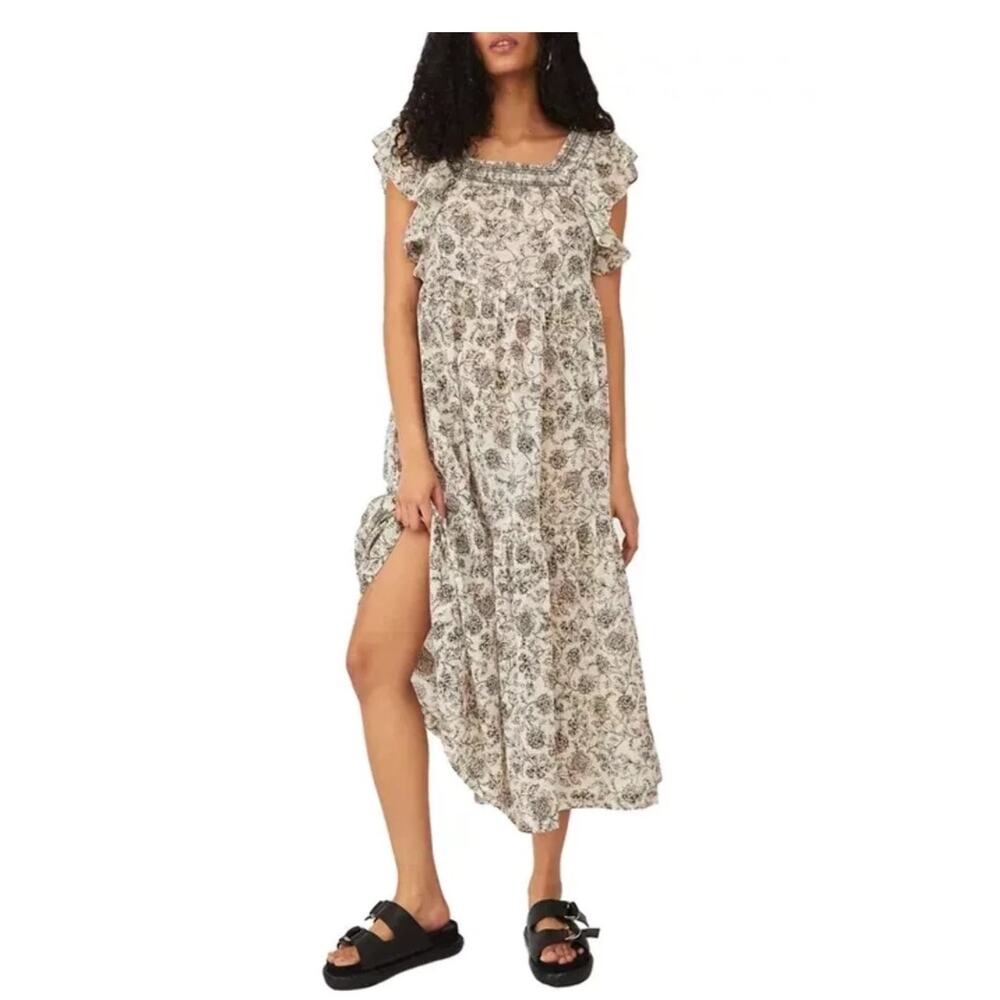 Free People Women’s XS Bonita Printed Midi Dress Boho Smocked Trad Wife Floral